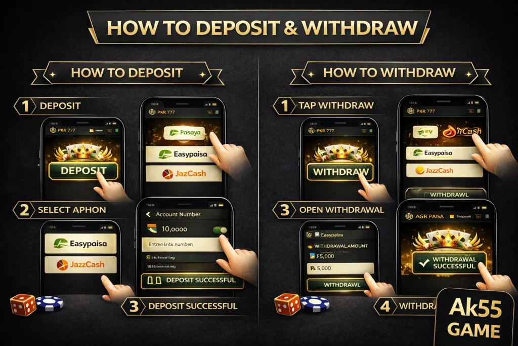 AK55 Game deposit and withdraw guide showing step-by-step process to add funds and withdraw money using Easypaisa and JazzCash on mobile app.