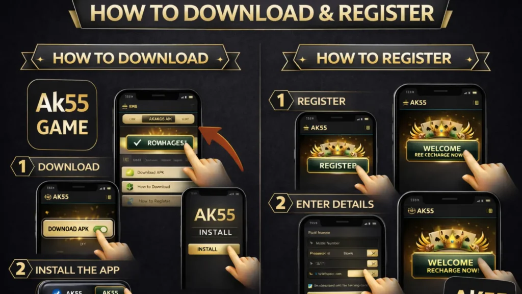 AK55 Game download and register guide showing step-by-step APK download, app install, and user registration process on mobile.