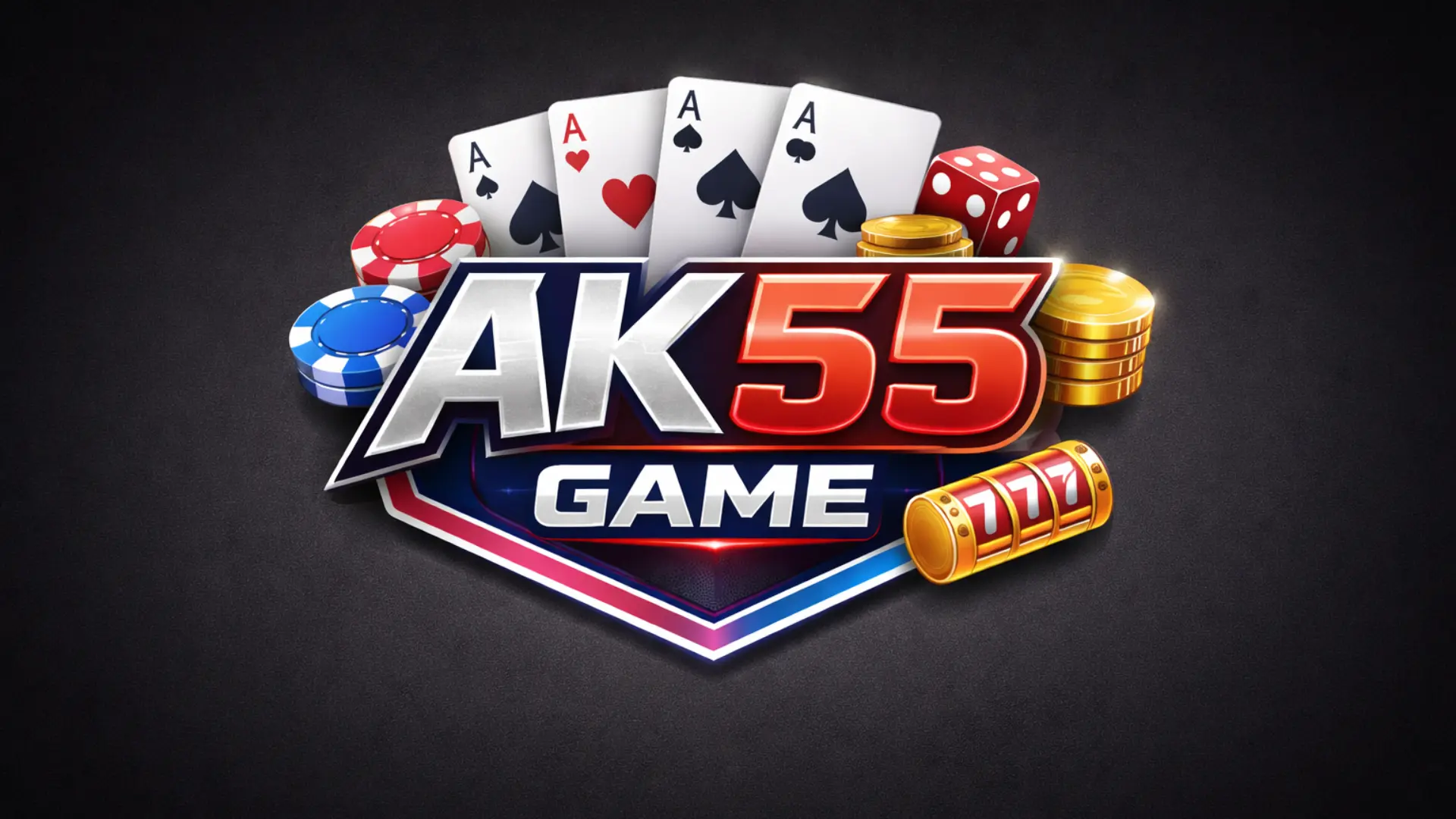 AK55 Game APK logo with playing cards, casino chips, dice, and coins on dark background